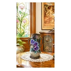 Antique LYNN Porcelain Vase Art Nouveau Hand Painted Purple Pansies Gold Trim